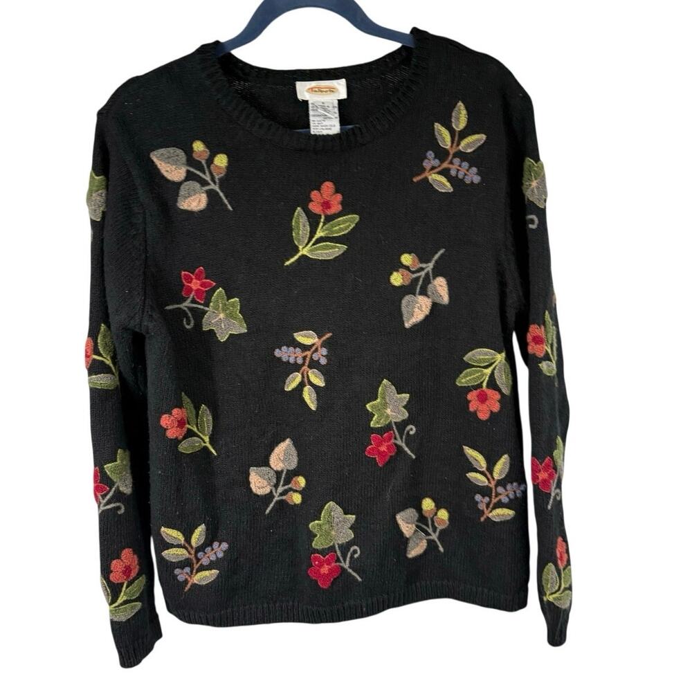 Vintage Talbots Black Floral Embroidered Linen Cotton Blend Sweater Womens S